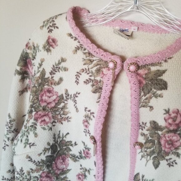 VINTAGE sieger wool granny cardigan sweater roses pink - Picture 8 of 14